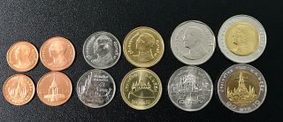 Thailand Set 6 Coins 25 50 Satang 1 2 5 10 Baht Bimetalic King Rama Ix Unc Nr