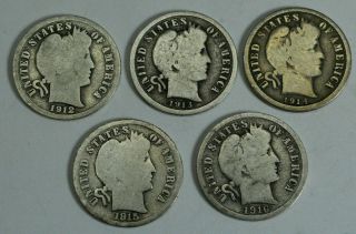 1912 1913 1914 1915 1916 Set Of 5 Coins Barber Dimes Silver 10c Rare,