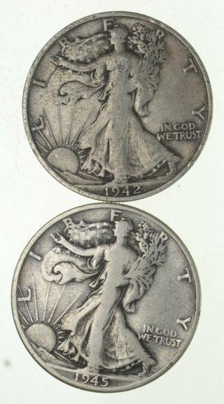 (2) 1942 - S & 1945 - D Walking Liberty Half Dollars 90 Silver $1.  00 Face 823