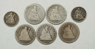 Group Of 7 Us Seated Liberty Coins,  1878 - Cc Quarter,  1876 - S Quarter,  1838 Dime
