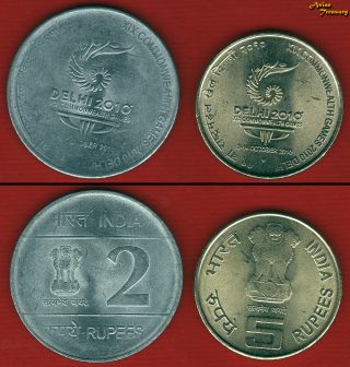 India 2010 Set Of 2 Coin 2 & 5 Rupees Xix Commonwealth Games Delhi Uncirculate