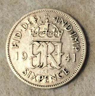 1941 Uk British Six Pence (penny) Coin,  50 Sterling Silver