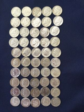 Roosevelt Dimes,  One Roll Of 50 Coins,  All 1964 - Circulated - Silver,  In Graded