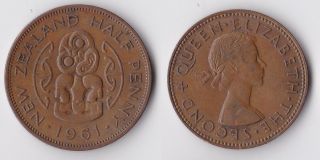 1961 Zealand Half Penny Coin