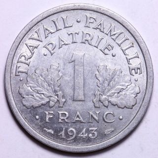 1943 B France 1 Franc Wwii Era Aluminum Coin S/h To The Usa