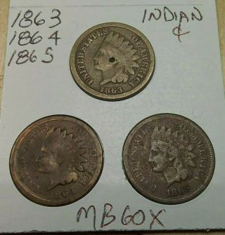 1863,  1864,  1865 Indian Cents Mb60x