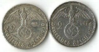 Germany 2 X 2 Reichsmark 1936 D (scarce) And 1939 A.  Silver Coins.