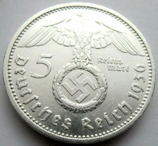 (232) - Rare Wwii German 5 Mark - 1936 E - 90 Silver - Coin Big Swastika