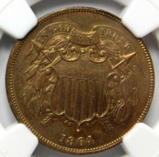 1864,  Two (2) Cent Piece,  Large Motto,  Ngc,  Au Detail,  Improperly Cleaned