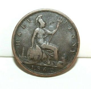1862 Great Britain 1/2 Penny Coin Km 748.  2