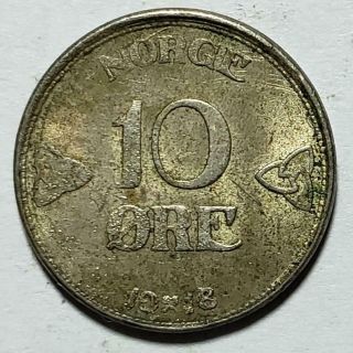 Norway,  10 Ore,  1918,  Extra Fine,  Detail, .  0186 Ounce Silver