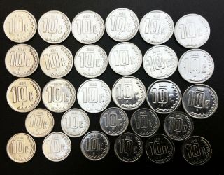 Mexico 10¢ Centavos 1992 - 2018 Complete Set Of 29 Coins Cond.
