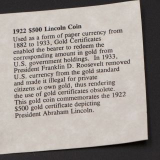 24K Gold Clad Gold Certificate $500 Banknote Lincoln Commemorative Coin 5