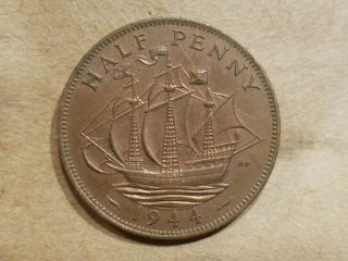 1944 Great Britain 1/2 Penny British Halfpenny United Kingdom Uk Uncirculated Ms