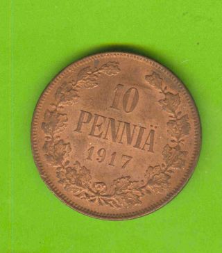 6367 Russia Finland 1917 Copper 10 Penniä Pfenings Finnland Nicholas Ii 1894 - 917