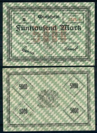 Germany 5000 Mark Mindelheim Banknote Notgeld Gutschein With Overprints 1923 Vf