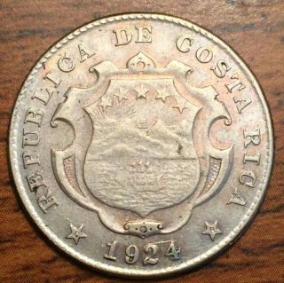 1924 Silver Republic Of Costa Rica 25 Centimos National Arms Coin About Unc.