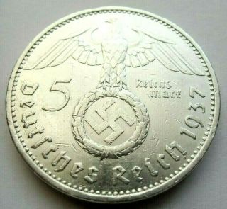 (611) Rare Wwii German 5 Mark - 1937 E - 90 Silver - Coin Big Swastika