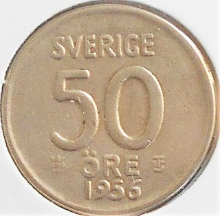 Silver 1956 Sweden 50 Öre Km 825 Gustaf Vi Crown Type Circulated Wb 6