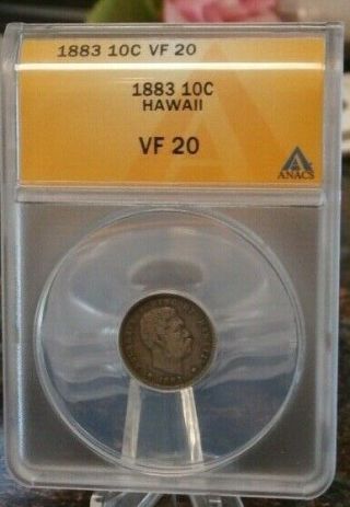 1883 Hawaii Dime 10c - Anacs Vf20 - Rare Certified Coin - Patina