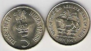 India 5 Rupee Rbi Lion 2010 Reserve Bank Of India 75 Years Platinum Jubilee Unc