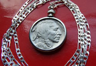 1937 Buffalo Nickel Pendant On A 28 ".  925 Sterling Silver Chain