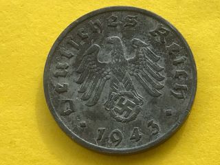 1 Reichspfennig 1943 F Zinc German Nazi Coin S.  Photo