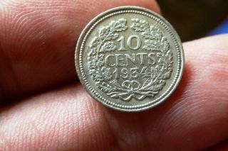 29) Netherlands - Silver 10 Cent 1934 Rare