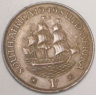 1949 South Africa African One 1 Penny Sailing Ship Coin Vf,