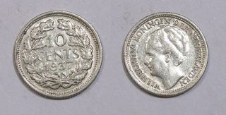 1937 Dutch Silver 10 Cents Choice Bu Inv 372 - 53