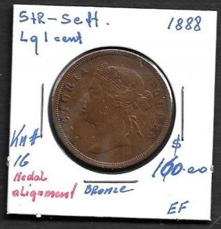 1888 Straits Settlements Large 1 Cent Coin - Book Value $160