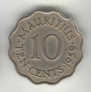 Mauritius 10 Cents 1959 Queen 222a By Coinmountain