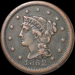 1852 Braided Hair Large Cent About Uncirculated High End Philly Copper Penny Nr