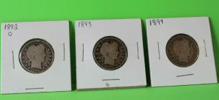 1892 O,  1893,  1894 Silver Barber Quarters - First 3 Years