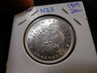 N23 Bolivia 1909 20 Centavos Bu