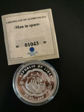 2000 Republic Of Liberia $20 Proof.  999 Fine Silver - Man In Space