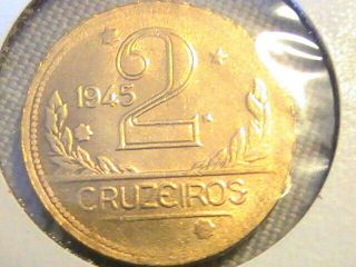 Brazil 1945 2 Cruzeiros Coin Bright