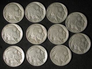 10 Buffalo Nickels With Dates (plus 1 Undated Nickel)