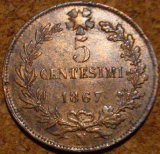 Hi Grade 1867 N 5 Centesimi Kingdom Of Italy Detailed Coin