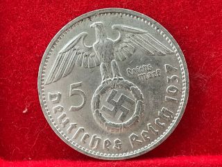 German Nazi Silver Coin 1937 D 5 Reichsmark.  900 Silver Big Swastika
