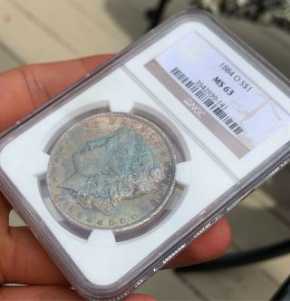 1884 - O Ngc Ms63 Rainbow Toned Morgan Silver Dollar,  Color.  Blue Toning Obv