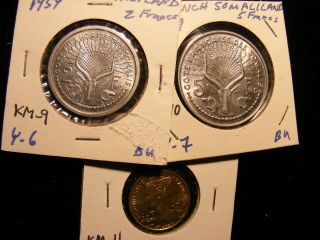 French Somaliland - 3 Different Uncirculated,  2,  5,  & 10 Franc,  Km 9/10/11