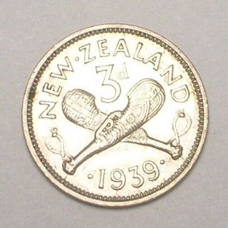 1939 Zealand 3 Pence Crossed Patu Wwii Era Silver Coin Xf