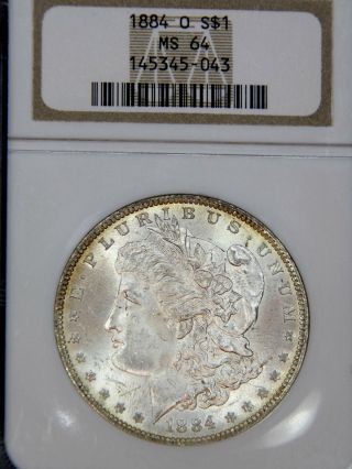 1884 - O Morgan Dollar Ngc Ms64 White Gold Rims Frosty Luster,  Pq 209e