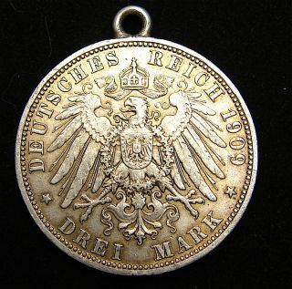 German States - Bavaria - - 1909 - D - - - - 3 Mark Silver Coin - - - Looped For Chain