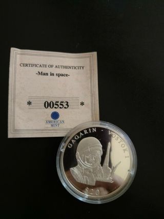 2000 Republic Of Liberia $20 Proof.  999 Fine Silver - Man In Space Vostok I