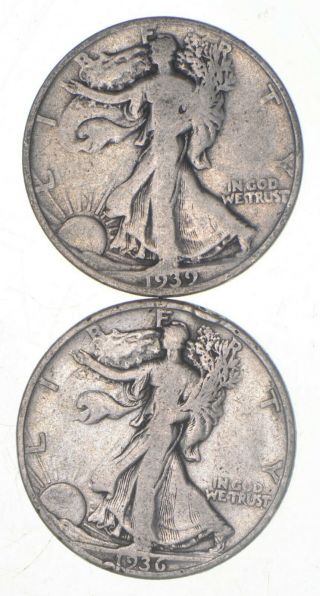 (2) 1936 - D & 1939 - S Walking Liberty Half Dollars 90 Silver $1.  00 Face 715