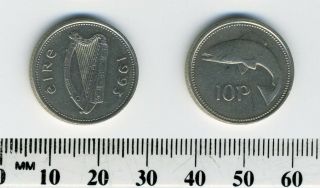 Ireland Republic 1993 - 10 Pence Copper - Nickel Coin - Irish Harp - Salmon Left