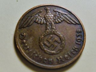 Rare World War 2 Germany 1 Reichspfennig Coin 1938 A Wh1938 A