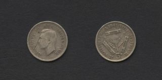 South Africa - 1943 Kgvi,  3d,  " Tickey ",  3 Pence, .  800 Silver, .  0362 Oz.  Asw
